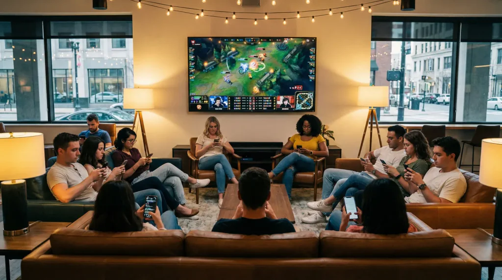 Groupe de jeunes adultes regardant un match esport sur leurs smartphones