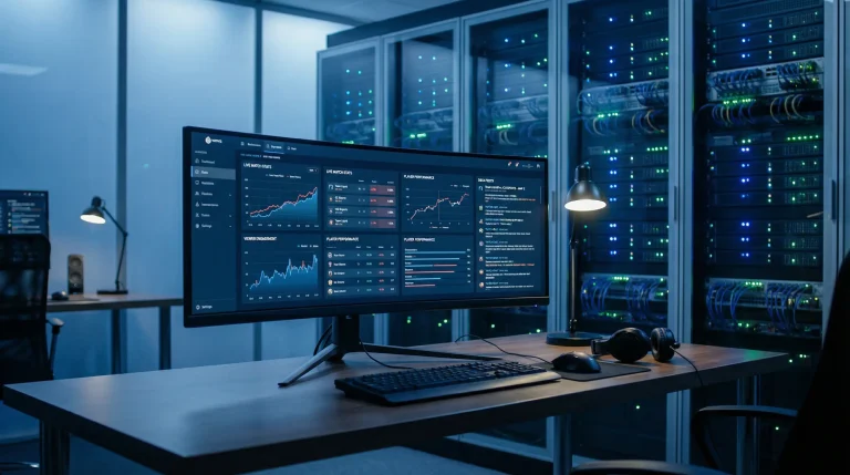 Flux de données esport en temps réel sur un écran de monitoring professionnel