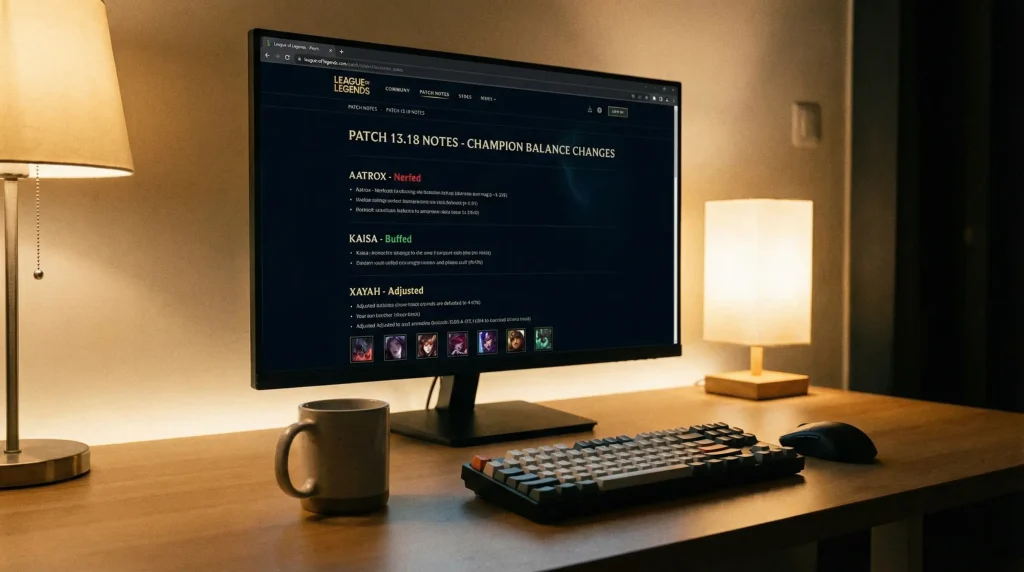 Notes de patch League of Legends affichées sur un écran avec des modifications de champions