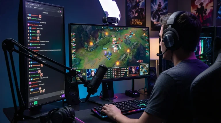 Streamer esport diffusant en direct avec un chat actif sur son écran