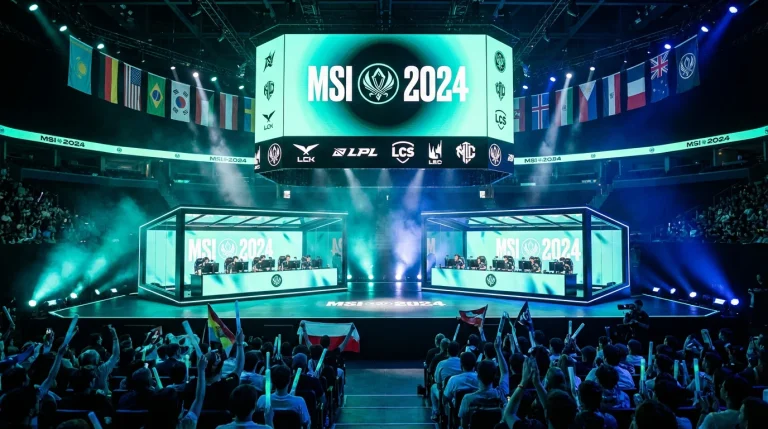 Scène du Mid-Season Invitational League of Legends avec les équipes sur scène
