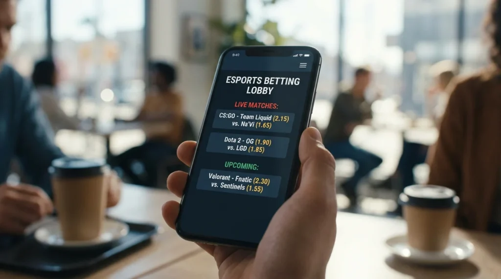 Smartphone affichant une application de paris esport avec des marchés League of Legends
