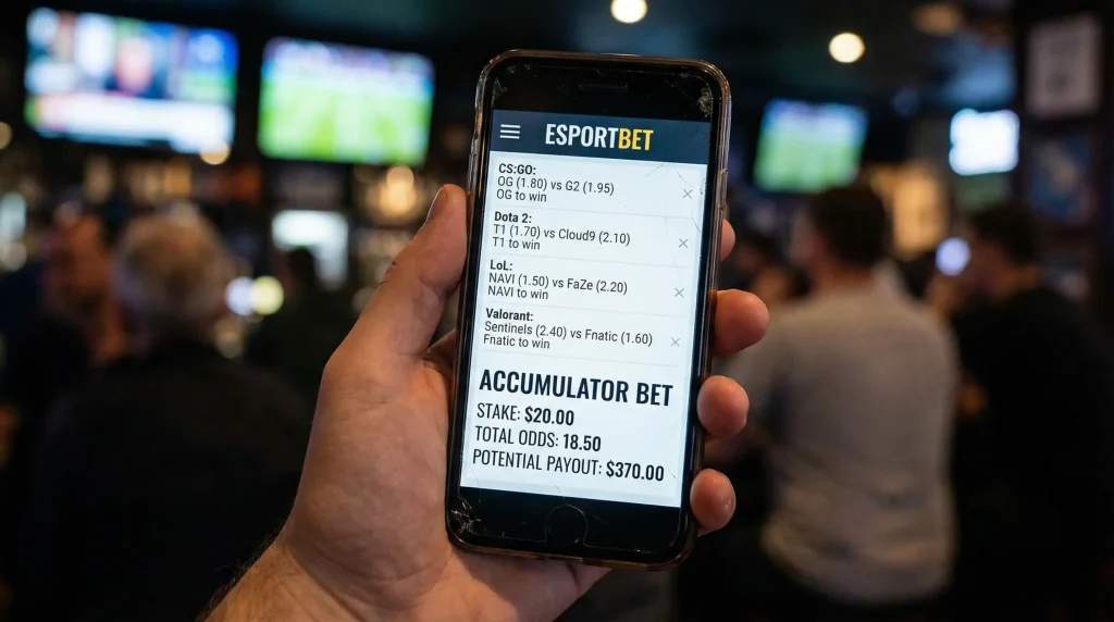 Ticket de pari combiné sur un smartphone avec plusieurs sélections de matchs esport