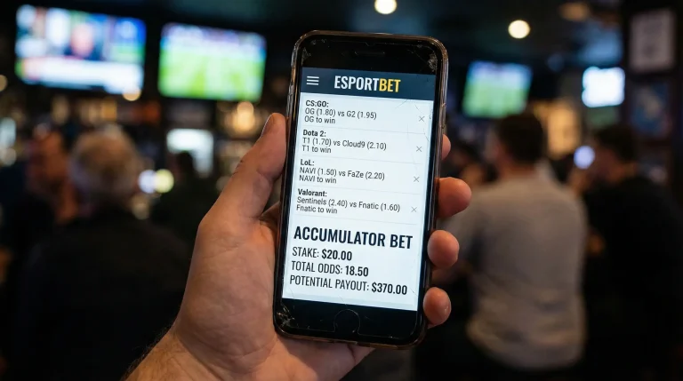 Ticket de pari combiné sur un smartphone avec plusieurs sélections de matchs esport