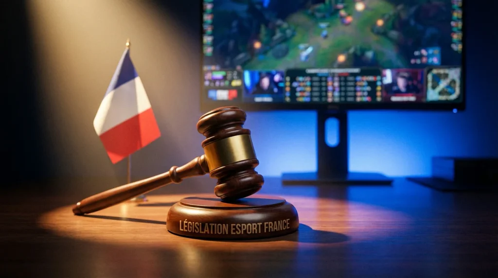 Legislation des paris esport en France : marteau de justice devant un ecran de competition LoL