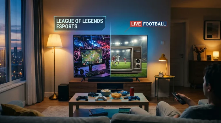Ecran partagé montrant un match esport League of Legends et un match de football