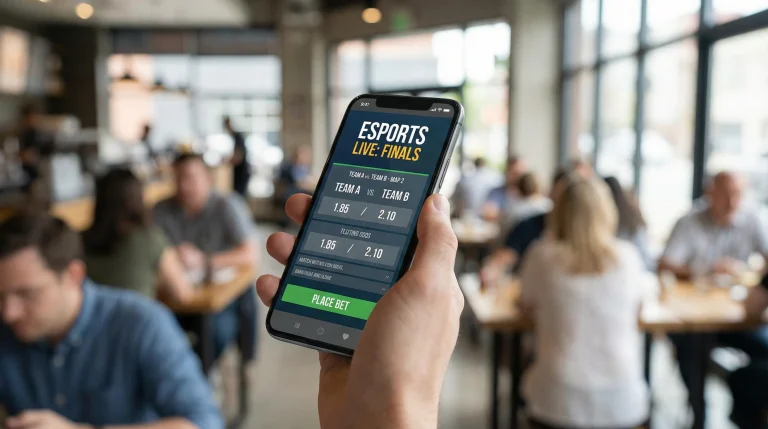 Main tenant un smartphone avec une application de paris esport ouverte sur un match LoL