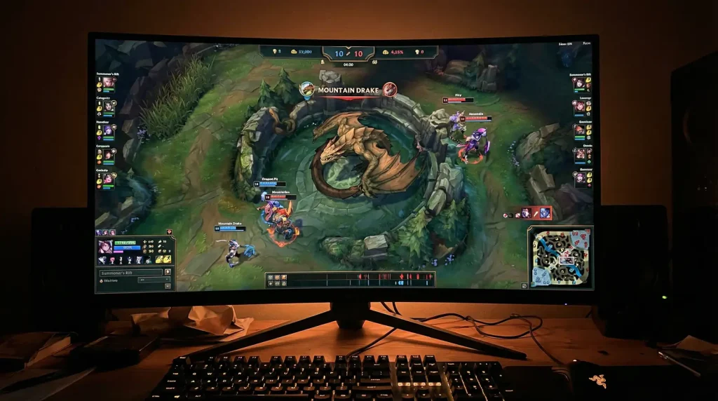 Scène de début de match League of Legends avec un dragon sur la carte du jeu