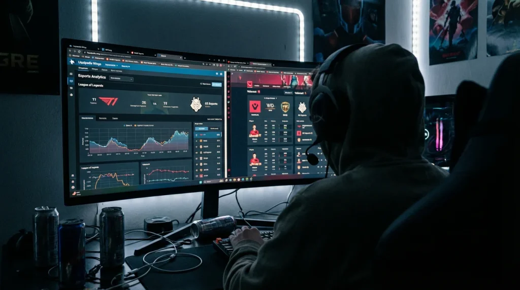 Analyste esport étudiant des statistiques de matchs League of Legends sur un écran