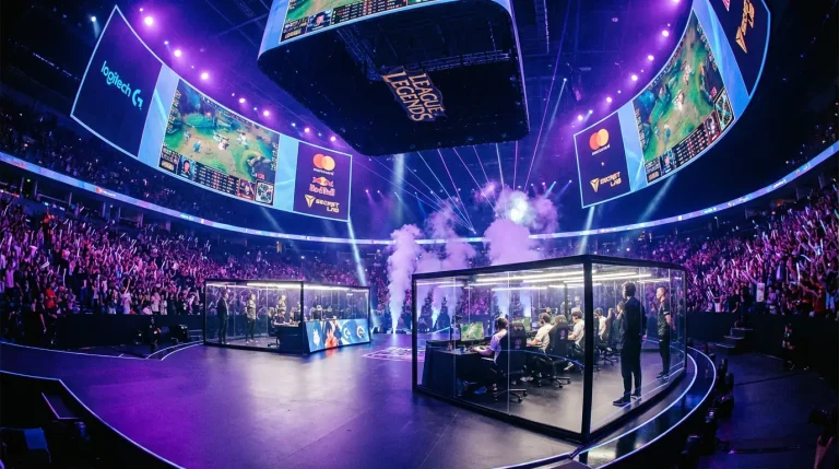 Scène de compétition esport League of Legends avec panneaux de sponsors sur la scène