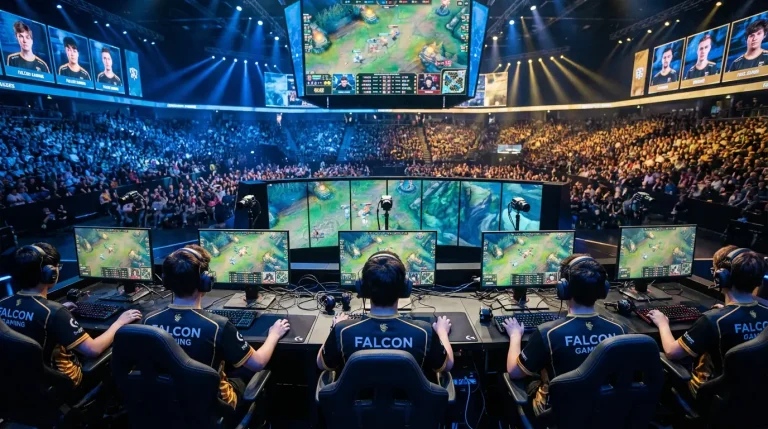 Cinq joueurs d'une équipe esport League of Legends à leurs postes de jeu en compétition