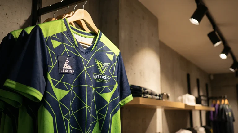 Maillot d'équipe esport avec un logo de sponsor sur le devant