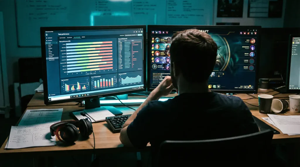 Strategie de paris sportif League of Legends : analyste devant ecrans de donnees esport