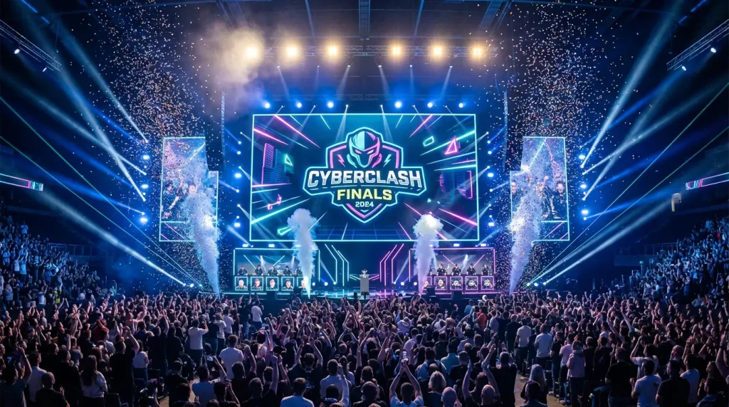 Tournois League of Legends et paris sportif : scene de finale esport avec foule et ecran geant