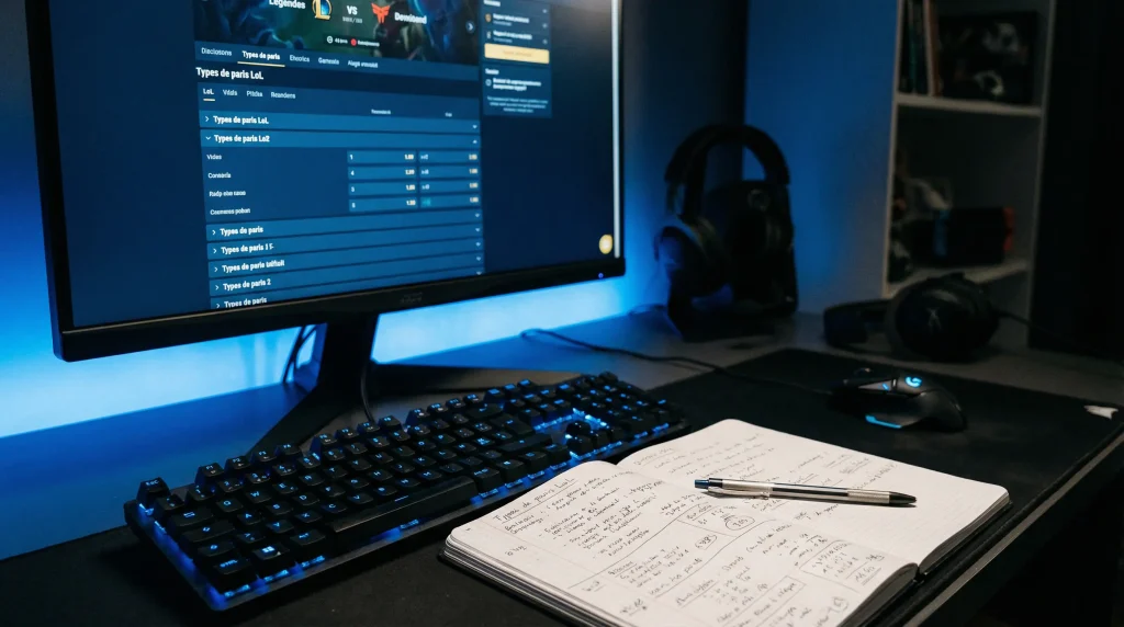 Types de paris sur League of Legends : ecran de competition esport avec indicateurs de marches