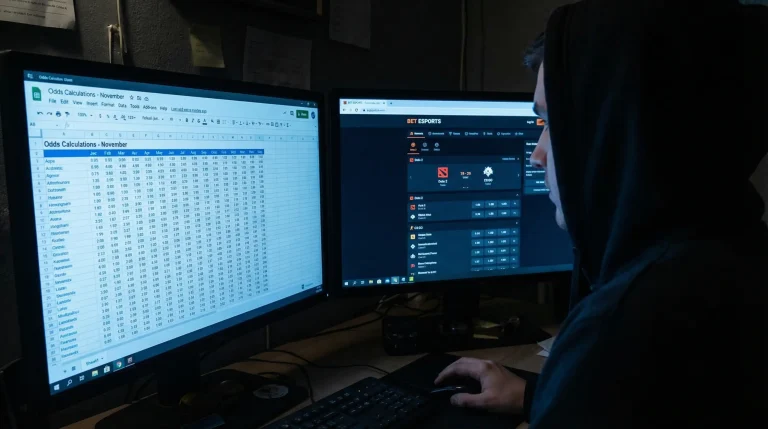 Analyste comparant des cotes de paris esport sur plusieurs écrans d'ordinateur