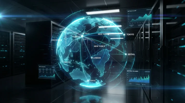 Globe terrestre avec des connexions lumineuses représentant le marché mondial des paris esport